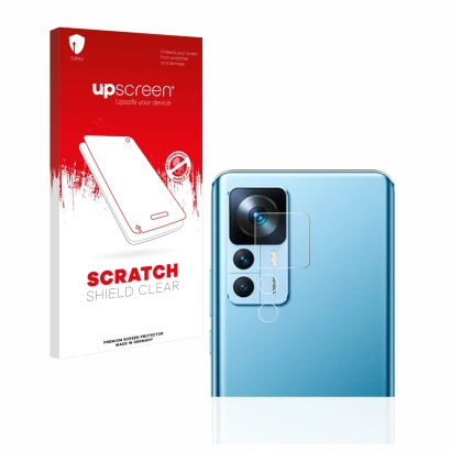 Vorderseite einer Produktverpackung mit dem Markenlogo upscreen. Daneben ist das Gerät Xiaomi 12T (NUR Kameraschutz) mit dem z