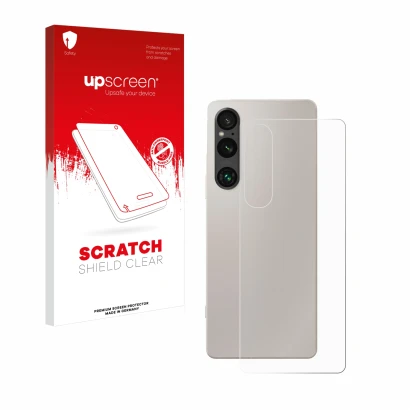Vorderseite einer Produktverpackung mit dem Markenlogo upscreen. Daneben ist das Gerät Sony Xperia 1 V (Rückseite) mit dem zug