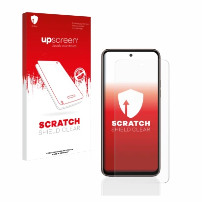 Vorderseite einer Produktverpackung mit dem Markenlogo upscreen. Daneben ist das Gerät HTC U23 Pro mit dem zugehörigen Display