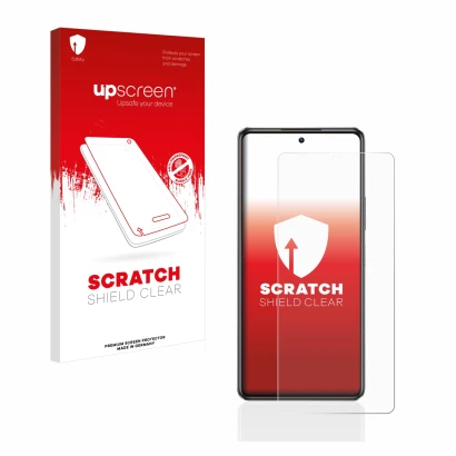 Vorderseite einer Produktverpackung mit dem Markenlogo upscreen. Daneben ist das Gerät Infinix Note 30 mit dem zugehörigen Dis