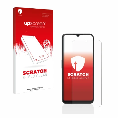 Vorderseite einer Produktverpackung mit dem Markenlogo upscreen. Daneben ist das Gerät Cubot P80 mit dem zugehörigen Displaysc