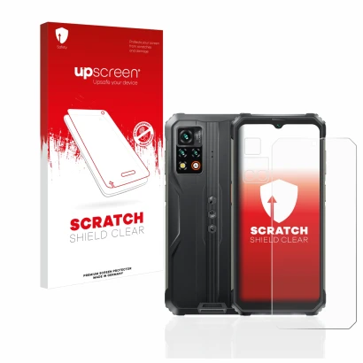 Vorderseite einer Produktverpackung mit dem Markenlogo upscreen. Daneben ist das Gerät Blackview BV9200 (Display+Kamera) mit d
