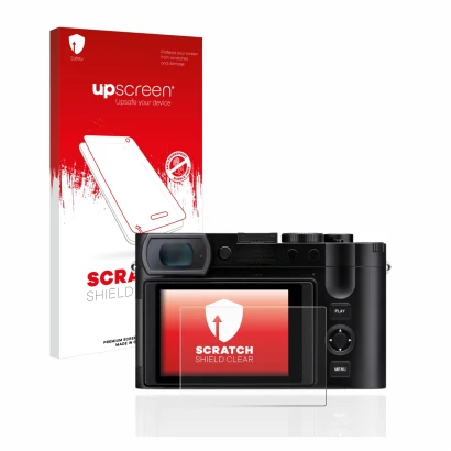 Vorderseite einer Produktverpackung mit dem Markenlogo upscreen. Daneben ist das Gerät Leica Q3 mit dem zugehörigen Displaysch