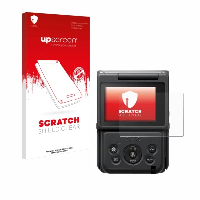 Vorderseite einer Produktverpackung mit dem Markenlogo upscreen. Daneben ist das Gerät Canon PowerShot V10 Vlog Camera mit dem