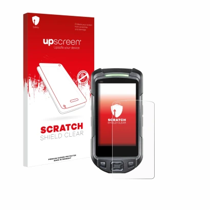 Vorderseite einer Produktverpackung mit dem Markenlogo upscreen. Daneben ist das Gerät Keyence BT-A700 mit dem zugehörigen Dis