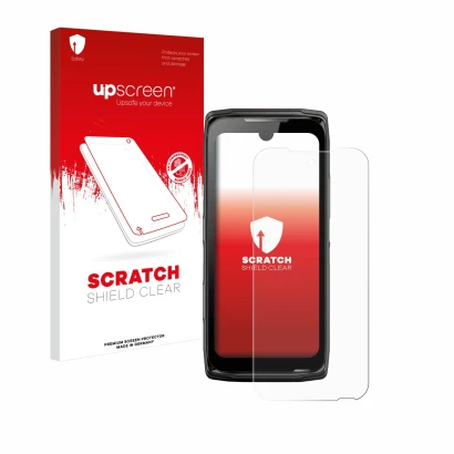 Vorderseite einer Produktverpackung mit dem Markenlogo upscreen. Daneben ist das Gerät Crosscall Core-Z5 mit dem zugehörigen D