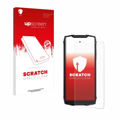 Vorderseite einer Produktverpackung mit dem Markenlogo upscreen. Daneben ist das Gerät Blackview BV9300 mit dem zugehörigen Di