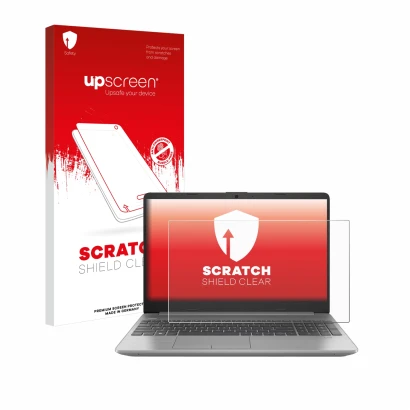 Vorderseite einer Produktverpackung mit dem Markenlogo upscreen. Daneben ist das Gerät HP 250 G9 mit dem zugehörigen Displaysc