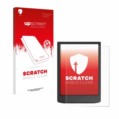 Vorderseite einer Produktverpackung mit dem Markenlogo upscreen. Daneben ist das Gerät PocketBook InkPad 4 mit dem zugehörigen