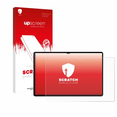 Vorderseite einer Produktverpackung mit dem Markenlogo upscreen. Daneben ist das Gerät Samsung Galaxy Tab S9 Ultra WiFi mit de