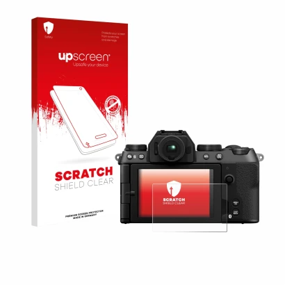 Vorderseite einer Produktverpackung mit dem Markenlogo upscreen. Daneben ist das Gerät Fujifilm X-S20 mit dem zugehörigen Disp
