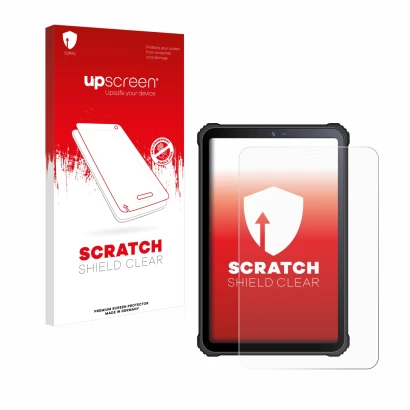 Vorderseite einer Produktverpackung mit dem Markenlogo upscreen. Daneben ist das Gerät Oukitel RT3 mit dem zugehörigen Display