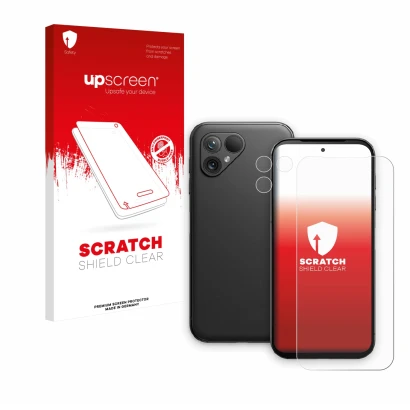 Vorderseite einer Produktverpackung mit dem Markenlogo upscreen. Daneben ist das Gerät Fairphone 5 (Display+Kamera) mit dem zu