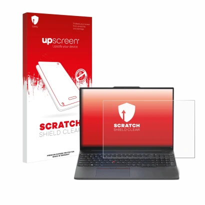 Vorderseite einer Produktverpackung mit dem Markenlogo upscreen. Daneben ist das Gerät Lenovo ThinkPad E16 Gen 1 mit dem zugeh