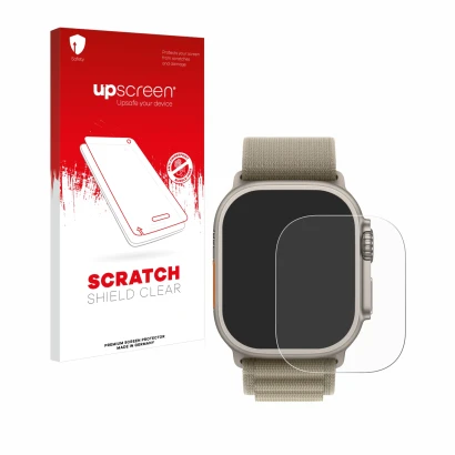 Vorderseite einer Produktverpackung mit dem Markenlogo upscreen. Daneben ist das Gerät Apple Watch Ultra 2 (49 mm) mit dem zug
