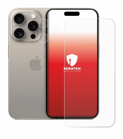 Abbildung des Geräts Apple iPhone 15 Pro (Display+Kamera) mit einer Vielzahl des Displayschutzes.