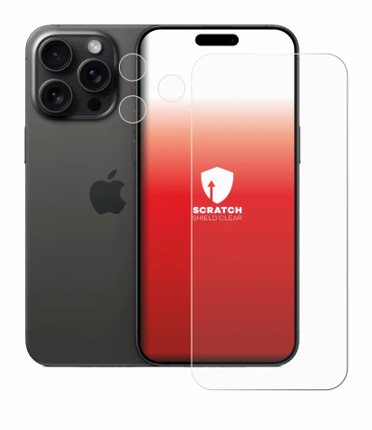Abbildung des Geräts Apple iPhone 15 Pro Max (Display+Kamera) mit einer Vielzahl des Displayschutzes.