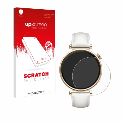 Vorderseite einer Produktverpackung mit dem Markenlogo upscreen. Daneben ist das Gerät Huawei Watch GT 4 (41mm) mit dem zugehö
