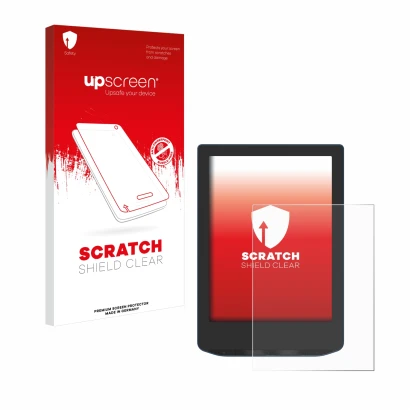 Vorderseite einer Produktverpackung mit dem Markenlogo upscreen. Daneben ist das Gerät PocketBook Verse Pro mit dem zugehörige