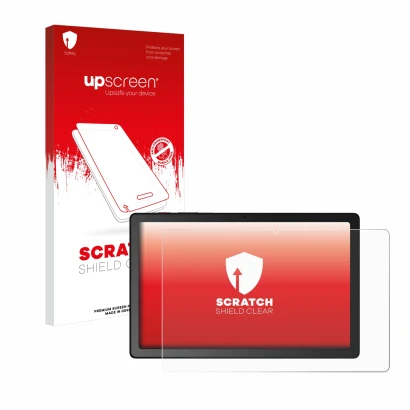 Vorderseite einer Produktverpackung mit dem Markenlogo upscreen. Daneben ist das Gerät Telekom T Tablet mit dem zugehörigen Di
