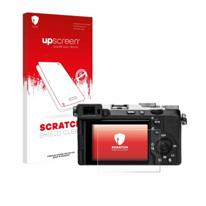 Vorderseite einer Produktverpackung mit dem Markenlogo upscreen. Daneben ist das Gerät Sony Alpha 7C II (ILCE-7CM2) mit dem zu