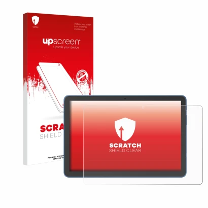 Vorderseite einer Produktverpackung mit dem Markenlogo upscreen. Daneben ist das Gerät Amazon Fire HD 10 2023 (13. Gen.) mit d