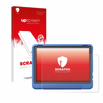 Vorderseite einer Produktverpackung mit dem Markenlogo upscreen. Daneben ist das Gerät Amazon Fire HD 10 Kids Pro 2023 mit dem