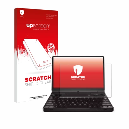 Vorderseite einer Produktverpackung mit dem Markenlogo upscreen. Daneben ist das Gerät GPD Win Max 2 2023 mit dem zugehörigen