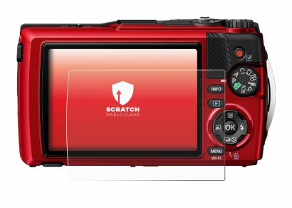 Abbildung des Geräts Olympus OM System Tough TG-7 mit einer Vielzahl des Displayschutzes.