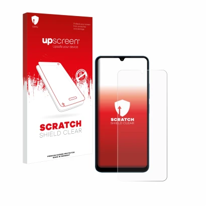 Vorderseite einer Produktverpackung mit dem Markenlogo upscreen. Daneben ist das Gerät Xiaomi Redmi 13C mit dem zugehörigen Di