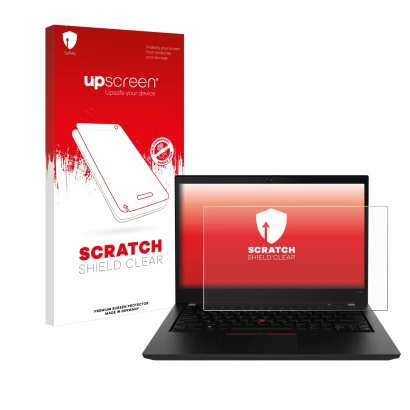Vorderseite einer Produktverpackung mit dem Markenlogo upscreen. Daneben ist das Gerät Lenovo ThinkPad P14s Gen 2 mit dem zuge