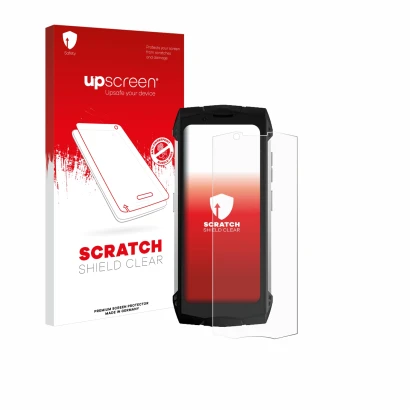 Vorderseite einer Produktverpackung mit dem Markenlogo upscreen. Daneben ist das Gerät Doogee S Mini mit dem zugehörigen Displ
