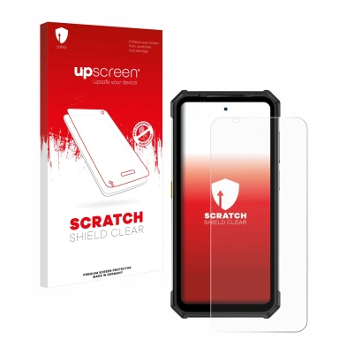 Vorderseite einer Produktverpackung mit dem Markenlogo upscreen. Daneben ist das Gerät Ulefone Armor 24 mit dem zugehörigen Di