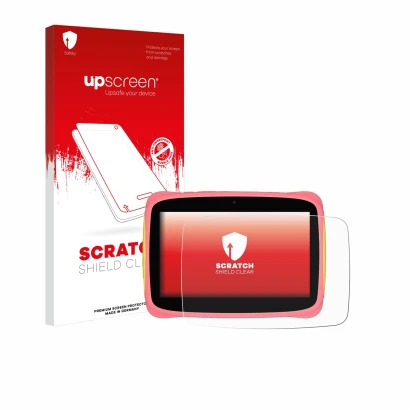 Vorderseite einer Produktverpackung mit dem Markenlogo upscreen. Daneben ist das Gerät Blackview Tab 3 Kids mit dem zugehörige