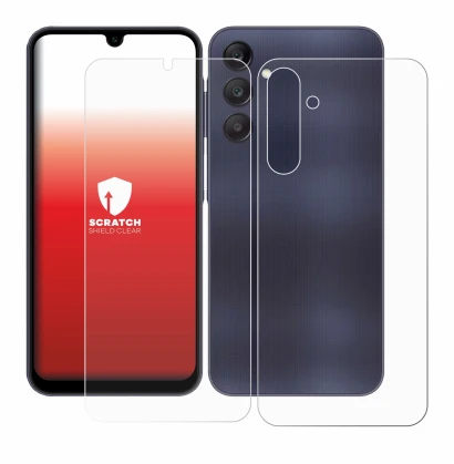 Abbildung des Geräts Samsung Galaxy A25 5G (Display+Rückseite) mit einer Vielzahl des Displayschutzes.