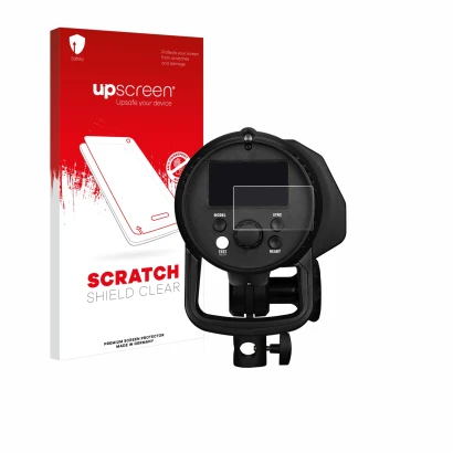 Vorderseite einer Produktverpackung mit dem Markenlogo upscreen. Daneben ist das Gerät Profoto B1X mit dem zugehörigen Display