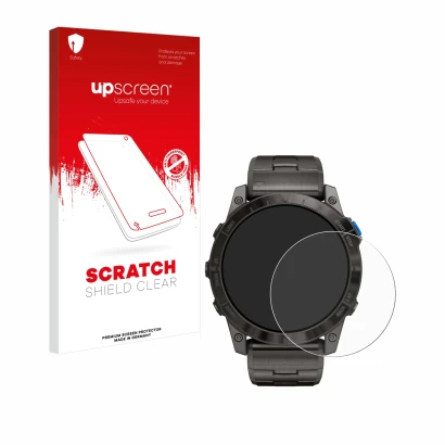 Vorderseite einer Produktverpackung mit dem Markenlogo upscreen. Daneben ist das Gerät Garmin D2 Mach1 Pro mit dem zugehörigen