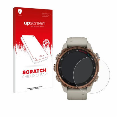 Vorderseite einer Produktverpackung mit dem Markenlogo upscreen. Daneben ist das Gerät Garmin Descent Mk3 (43 mm) mit dem zuge