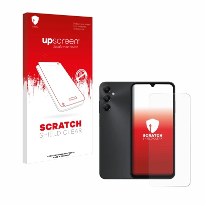 Vorderseite einer Produktverpackung mit dem Markenlogo upscreen. Daneben ist das Gerät Samsung Galaxy A05s mit dem zugehörigen