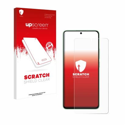 Vorderseite einer Produktverpackung mit dem Markenlogo upscreen. Daneben ist das Gerät Xiaomi Redmi Note 13 4G mit dem zugehör