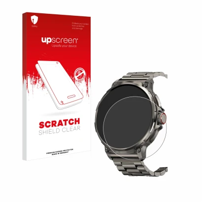 Vorderseite einer Produktverpackung mit dem Markenlogo upscreen. Daneben ist das Gerät Tesofit Smartwatch 1.85" (rund) mit dem