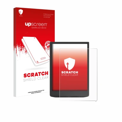 Vorderseite einer Produktverpackung mit dem Markenlogo upscreen. Daneben ist das Gerät Vivlio InkPad 4 mit dem zugehörigen Dis