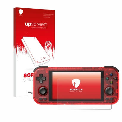 Vorderseite einer Produktverpackung mit dem Markenlogo upscreen. Daneben ist das Gerät Retroid Pocket 4 Pro mit dem zugehörige