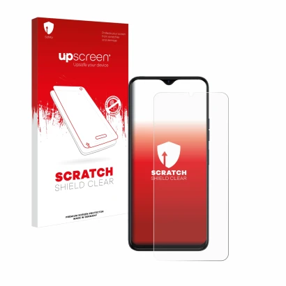 Vorderseite einer Produktverpackung mit dem Markenlogo upscreen. Daneben ist das Gerät Tecno Spark 10 5G mit dem zugehörigen D