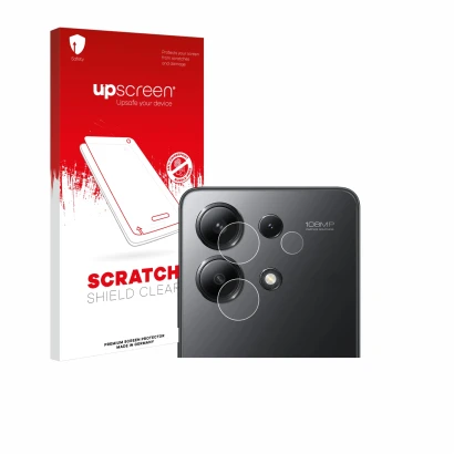 Vorderseite einer Produktverpackung mit dem Markenlogo upscreen. Daneben ist das Gerät Xiaomi Redmi Note 13 5G (NUR Kameraschu