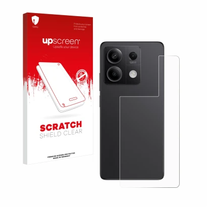 Vorderseite einer Produktverpackung mit dem Markenlogo upscreen. Daneben ist das Gerät Xiaomi Redmi Note 13 Pro 5G (Rückseite)
