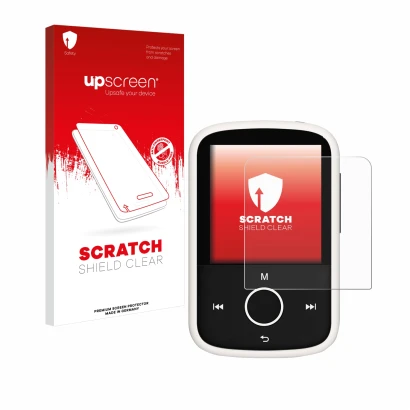 Vorderseite einer Produktverpackung mit dem Markenlogo upscreen. Daneben ist das Gerät Majority MP3 16GB mit dem zugehörigen D