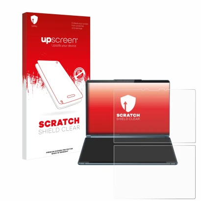 Vorderseite einer Produktverpackung mit dem Markenlogo upscreen. Daneben ist das Gerät Lenovo Yoga Book 9i Gen 9 mit dem zugeh