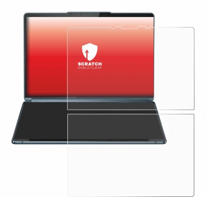 Abbildung des Geräts Lenovo Yoga Book 9i Gen 9 mit einer Vielzahl des Displayschutzes.
