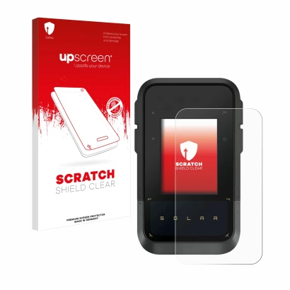 Vorderseite einer Produktverpackung mit dem Markenlogo upscreen. Daneben ist das Gerät Garmin eTrex Solar mit dem zugehörigen